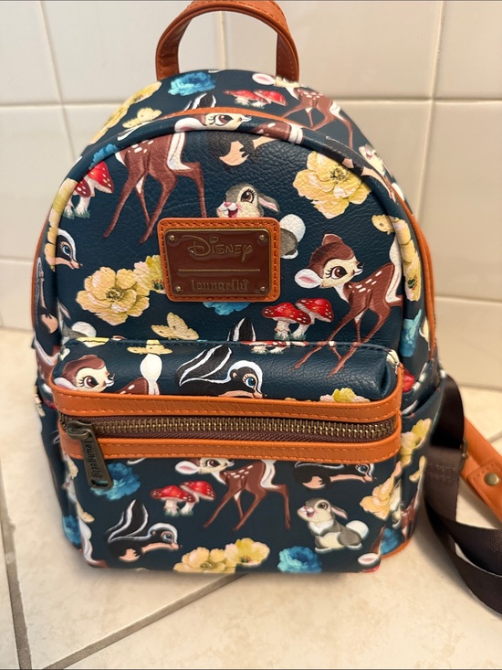 Loungefly Handbags - Disney Loungefly Navy Bambi & Floral Mini Backpack with Brown Trim